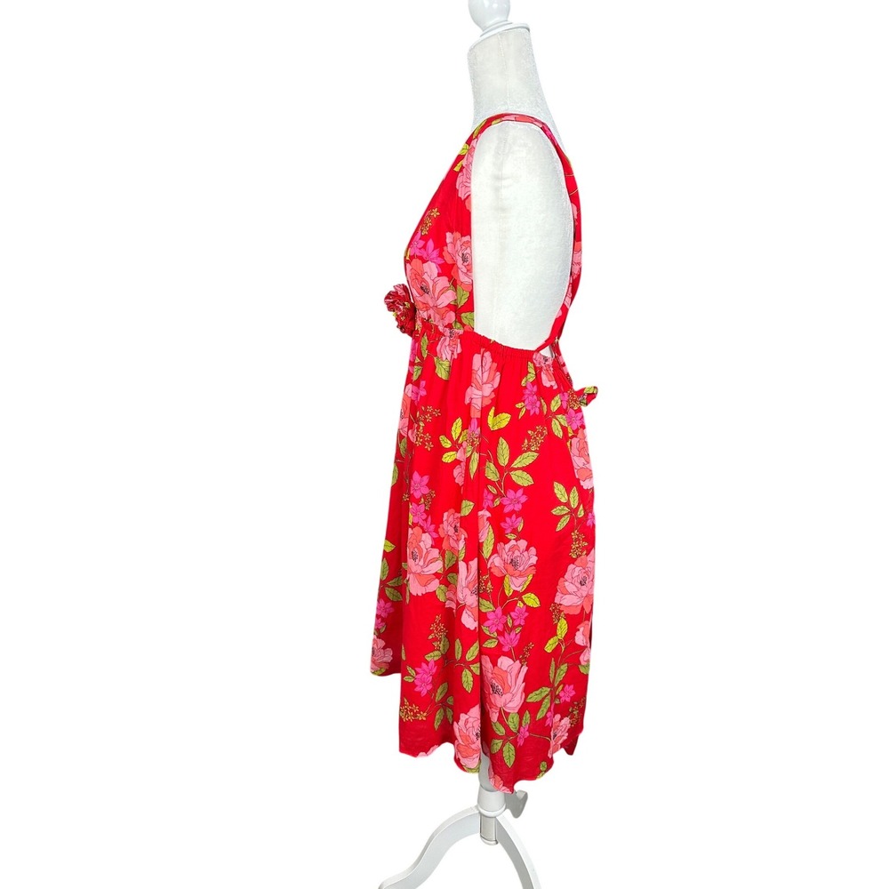 J.Crew Womens Floral Organic Cotton V Neck Sun Dress Red Large Summer Resort - Picture 4 of 11